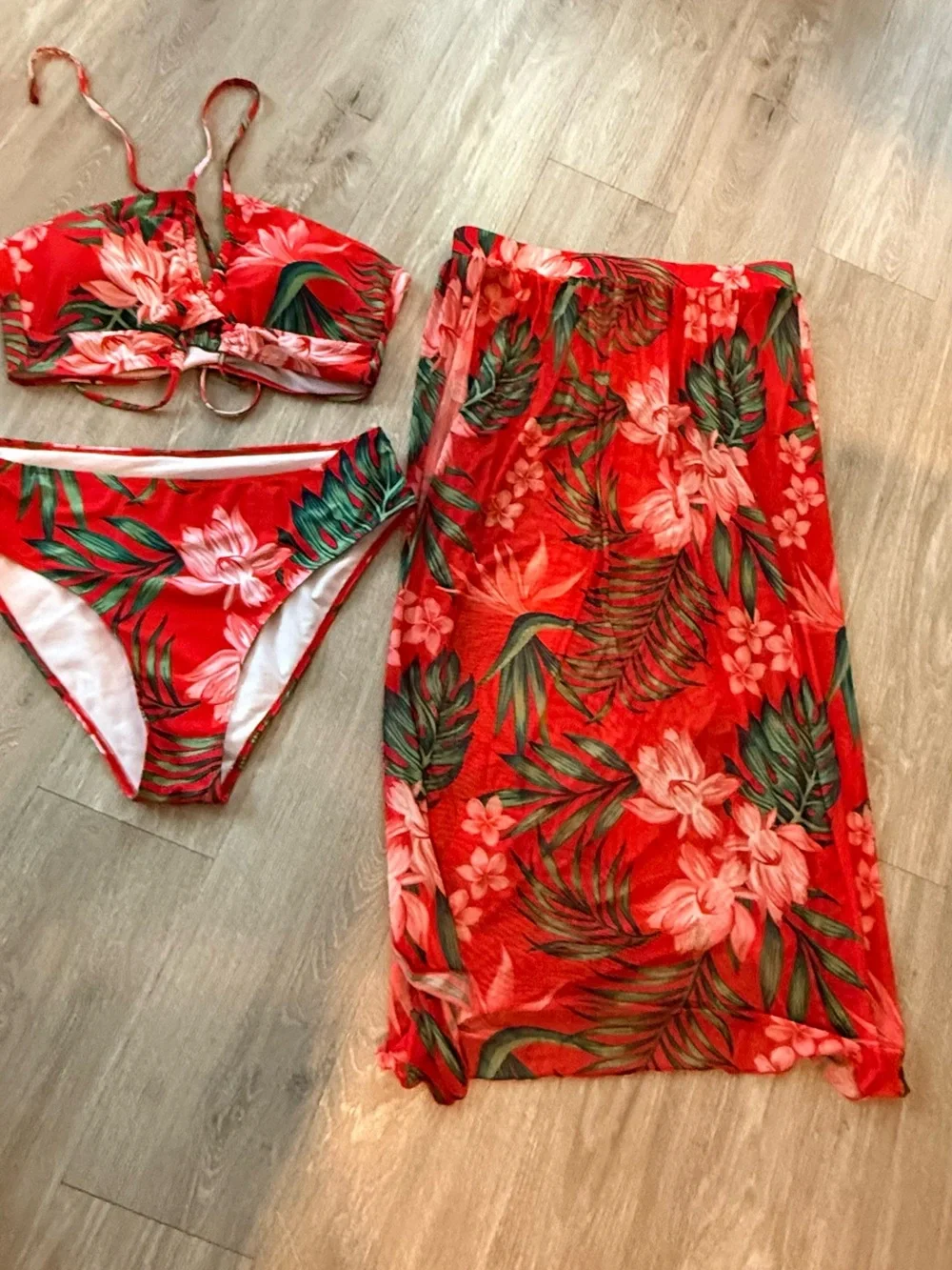 Red Floral Bikini Set with Matching Sarong